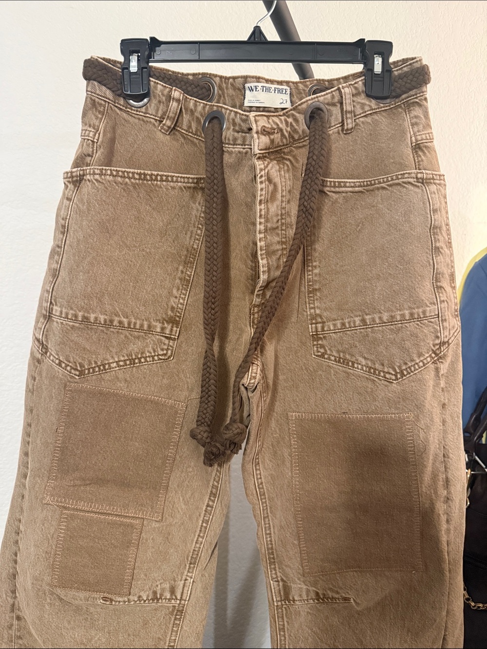 We The Free Moxies Patchwork Cargo Pants with Brown Drawstring